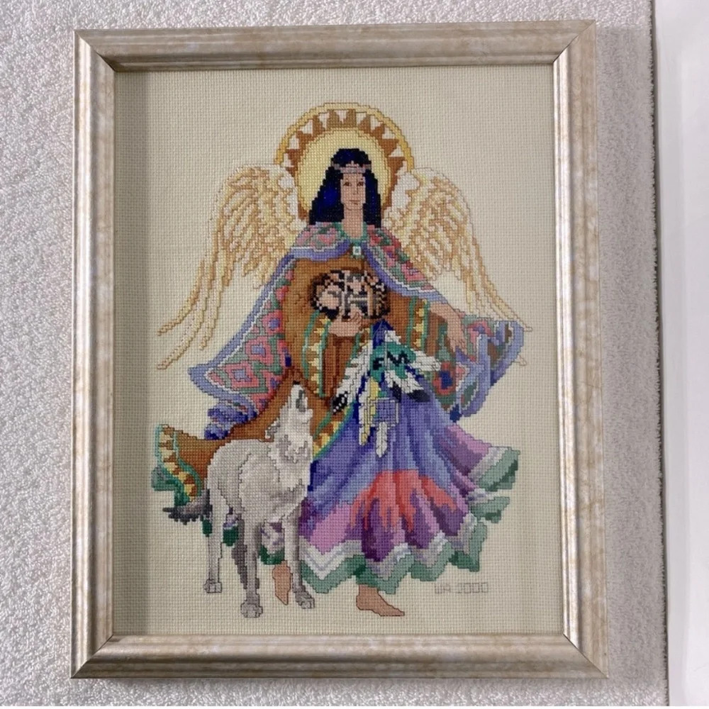 Vintage 2000 Completed  Framed Angel From Heaven Cross Stitch Art